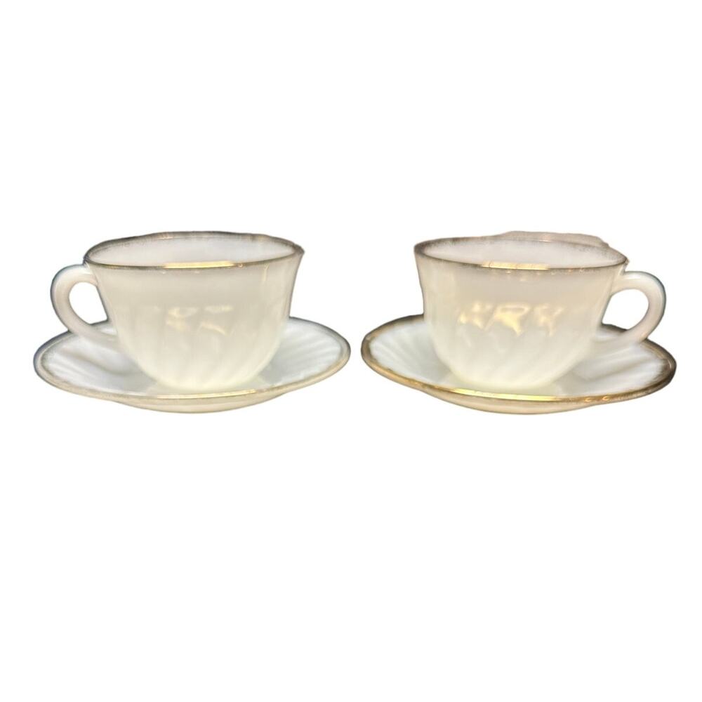 Vintage Fire King Set of 2 Cup and Saucer Gold Trimmed Swirl Pattern Milk Glass